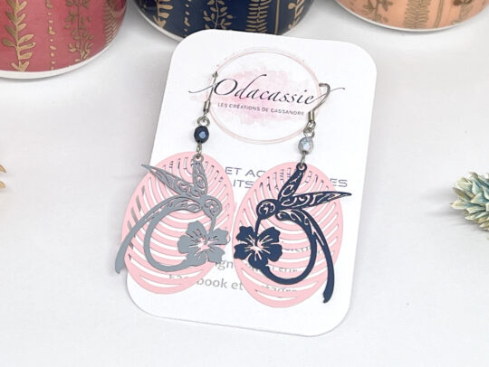 Boucles d'oreilles colibris gris et bleu nuit sur estampes ovales roses avec perles par Odacassie