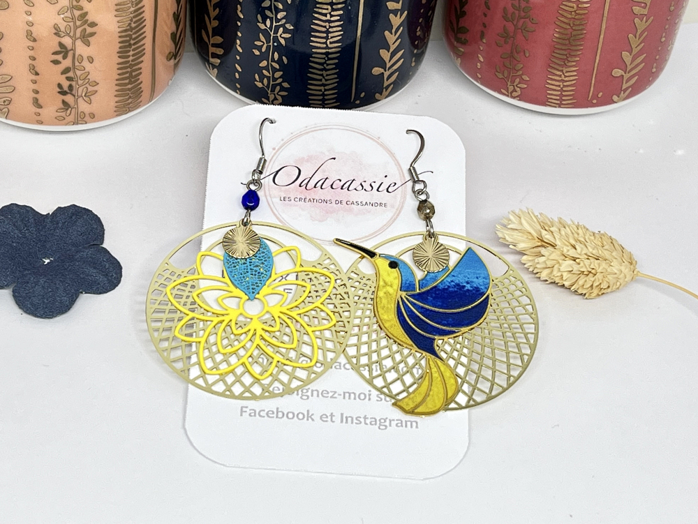 Boucles d'oreilles oiseau Origami Jaune deux créoles dorées