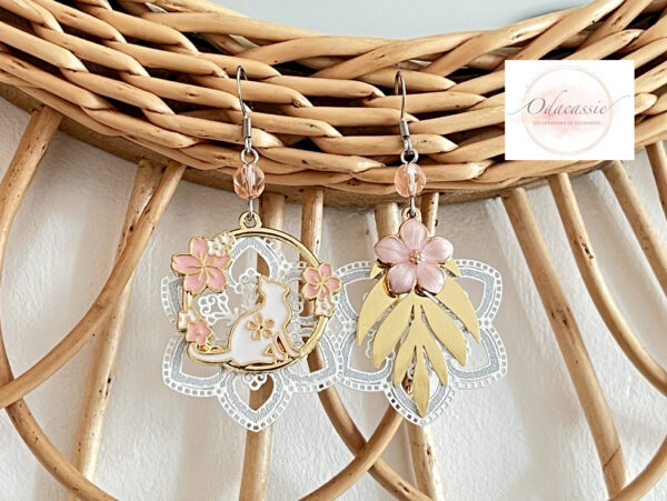 Boucles d'oreilles pastel chat fleurs feuille perles rose blanc doré boucles d'oreilles asymétriques par Odacassie